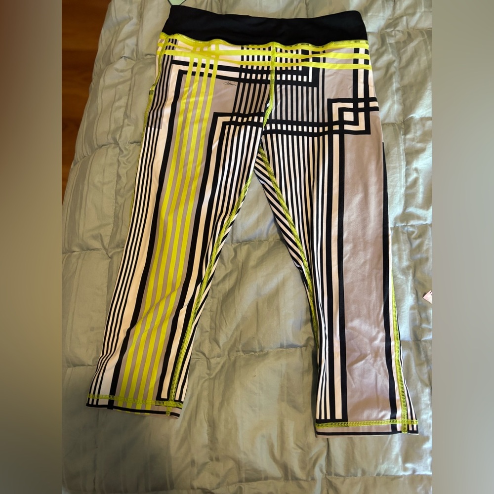 Trina Turk Black and Neon Yellow Athletic Capri Leggings